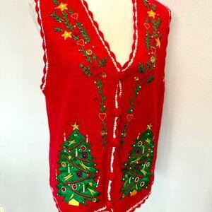 Vintage Knit Christmas Sweater Vest | Embroidered | Beaded | Large | EUC